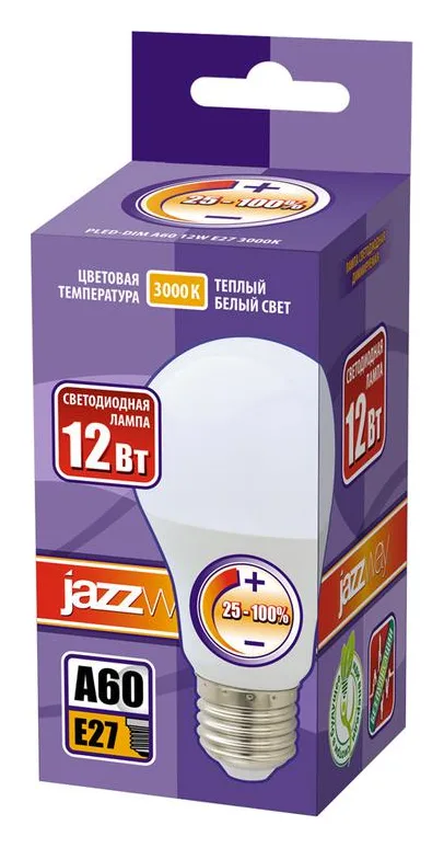Лампа светодиодная PLED-DIM 12Вт A60 грушевидная 3000К тепл. бел. E27 1060лм 220-240В диммир. JazzWay 2855879