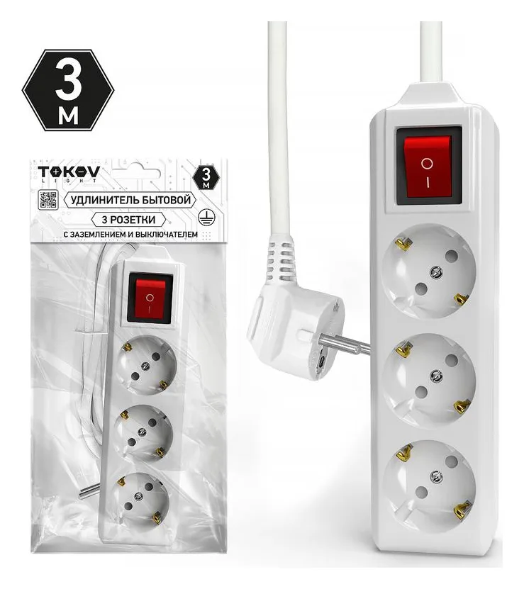 Удлинитель 3х3м с заземл. с выкл. 10А 3х1.5 TOKOV ELECTRIC TKL-C01-BU3-3-1.5-ZV