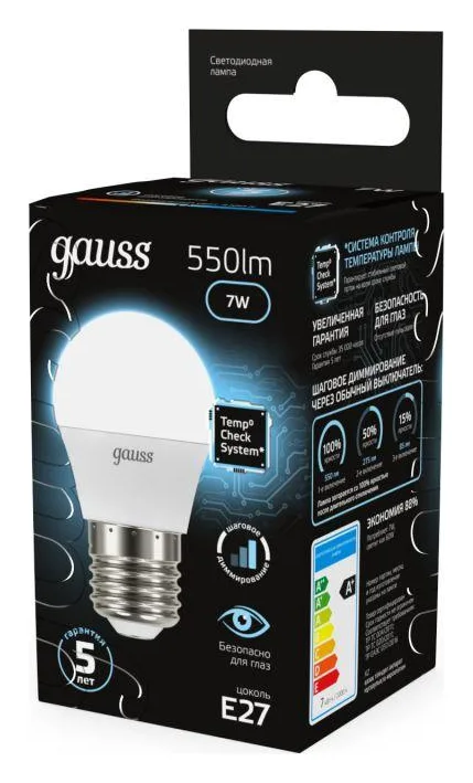 Лампа светодиодная Black 7Вт P45 шар 4100К нейтр. бел. E27 550лм шаг. диммир. GAUSS 105102207-S