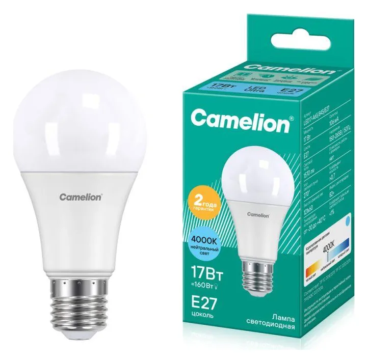 Лампа светодиодная LED17-А65/845/E27 17Вт грушевидная 4500К бел. E27 1530лм 220В Camelion 12309