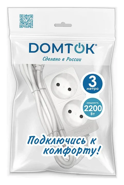 Удлинитель 2х3м без заземл. 10А IP20 2.2кВт ПВС 2х1 бел. DOMTOK 2346