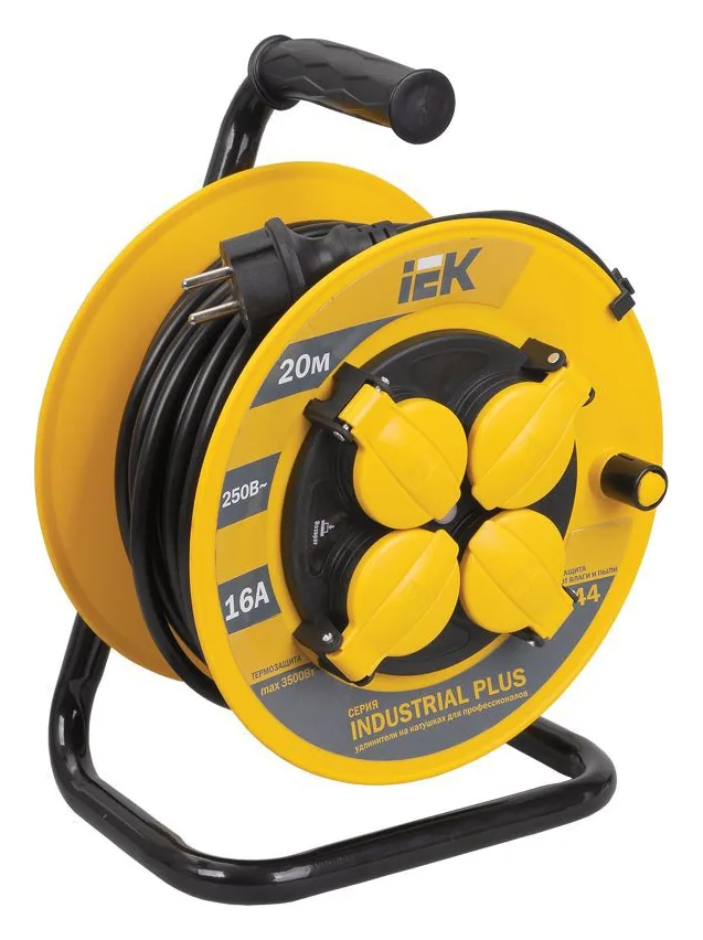 Удлинитель на катушке 4х20м с заземл. 16А IP44 Industrial plus УК20 3х1.5 термозащита IEK WKP15-16-04-20-44