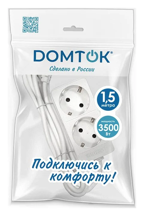 Удлинитель 2х1.5м с заземл. 16А IP20 3.5кВт ПВС 3х1 бел. DOMTOK 2384