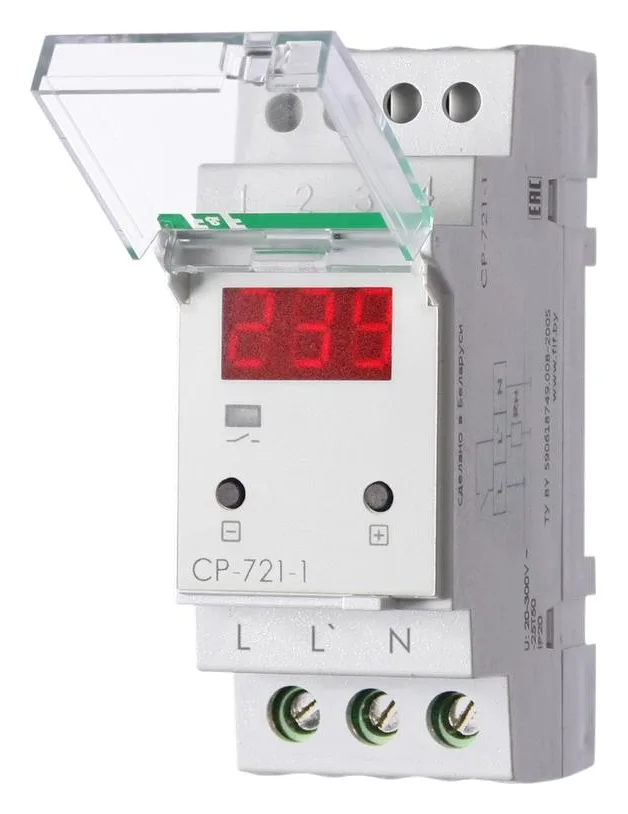 Реле напряжения CP-721-1 (CP-721-63A) (однофазное; цифровая индикация; напряжение питания 50-450В контакт 1NO 63А встроен. таймер регистрация аварий в памяти индикация текущего напряжения) (аналог УЗМ) F&F EA04.009.013