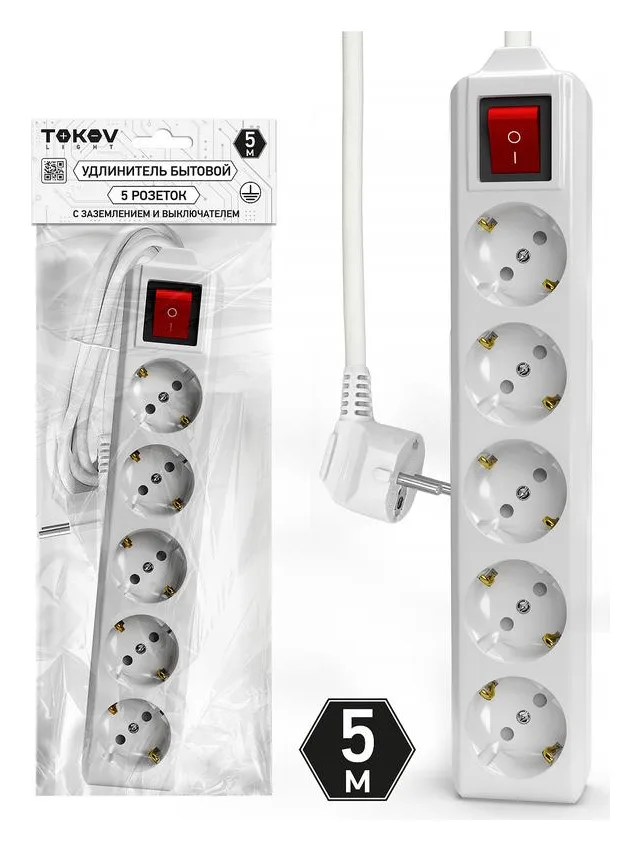 Удлинитель 5х5м с заземл. с выкл. 10А 3х1.5 TOKOV ELECTRIC TKL-C01-BU5-5-1.5-ZV