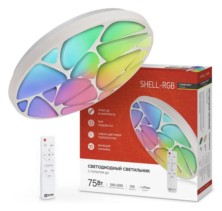 Светильник светодиодный COMFORT SHELL-RGB 75Вт 3000-6500К 6000лм 230В 495х85мм с пультом ДУ IN HOME 4690612044651