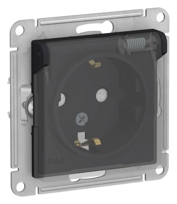 Розетка 1-м СП AtlasDesign Aqua 16А IP44 с заземл. защ. шторки с прозр. крышкой механизм карбон SE ATN441046