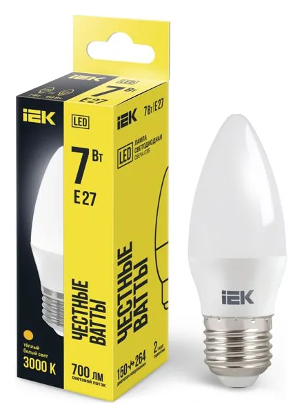 Лампа светодиодная C35 7Вт свеча 3000К E27 230В IEK LLE-C35-7-230-30-E27