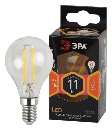 Лампа светодиодная филаментная F-LED P45-11w-827-E14 P45 11Вт шар E14 тепл. бел. ЭРА Б0047012