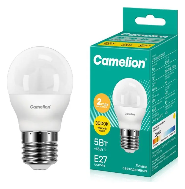 Лампа светодиодная LED5-G45/830/E27 5Вт шар матовая 3000К тепл. бел. E27 410лм 220В Camelion 12028