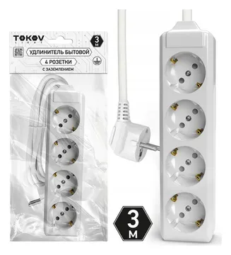 Удлинитель 4х3м с заземл. 10А 3х1.5 TOKOV ELECTRIC TKL-C01-BU4-3-1.5-Z