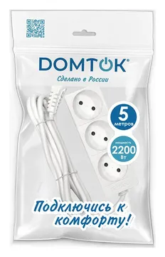 Удлинитель 3х5м без заземл. 10А IP20 2.2кВт ПВС 2х1 бел. DOMTOK 2352