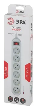 Удлинитель с сетевым фильтром 6х3м с заземл. 10А IP20 USF-6es-3m-W с выкл. с базов. защитой бел. Эра Б0037262