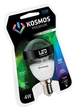 Лампа светодиодная KOSMOS premium 4Вт Шар прозрачный 45мм E14 230В 4500К Космос KLED4wGL45230vE1445C