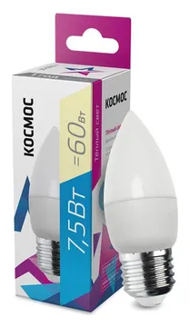 Лампа светодиодная 7.5Вт свеча 3000К тепл. бел. E27 220В КОСМОС LkecLED7.5wCNE2730