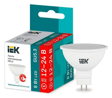 Лампа светодиодная 8Вт MR16 софит 4000К нейтр. бел. GU5.3 12-24В низковольтная IEK LLE-MR16-08-12-24-40-GU5