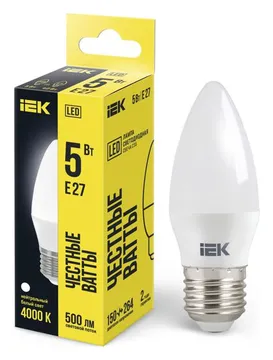 Лампа светодиодная 5Вт C35 свеча 4000К нейтр. бел. E27 450лм 230-240В IEK LLE-C35-5-230-40-E27