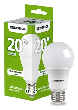 Лампа светодиодная A60 20Вт грушевидная 4000К E27 230В GENERICA LL-A60-20-230-40-E27-G