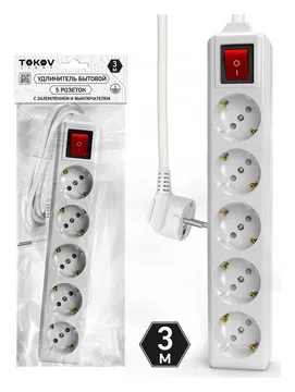 Удлинитель 5х3м с заземл. с выкл. 10А 3х1.5 TOKOV ELECTRIC TKL-C01-BU5-3-1.5-ZV