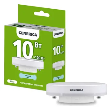 Лампа светодиодная 10Вт T80 таблетка 6500К холод. бел. GX53 1000лм 230В GENERICA LL-T80-10-230-65-GX53-G