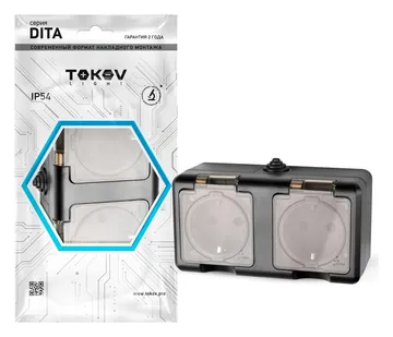 Розетка 2-м ОП Dita 16А IP54 250В с заземл. с прозр. крышкой карбонTOKOV ELECTRIC TKL-DT-R2Z-C14T-IP54