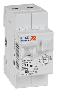 Выключатель автоматический дифференциального тока 2п C 25А 30мА тип AC 4.5кА OptiDin D63-22C25-AC-У3 с защитой от сверхтоков КЭАЗ 328100