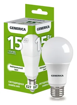 Лампа светодиодная A60 15Вт грушевидная 4000К E27 230В GENERICA LL-A60-15-230-40-E27-G
