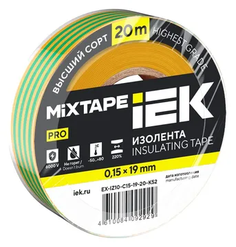 Изолента 0.15х19мм (рул.20м) желт./зел. IEK EX-IZ10-C15-19-20-K52