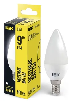 Лампа светодиодная 9Вт C35 свеча 4000К нейтр. бел. E14 230В IEK LLE-C35-9-230-40-E14