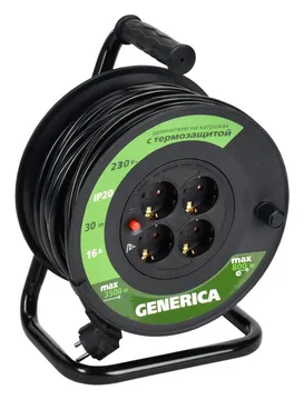 Удлинитель на катушке 4х30м 16А IP20 УК30 2P+PE 3х1.5 термозащита GENERICA WKP20-16-04-30-G