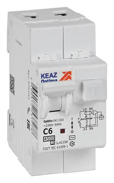 Выключатель автоматический дифференциального тока 2п OptiDin D63-22C6-AC-У3 C6 30мА 4.5кА с защитой от сверхтоков КЭАЗ 328103