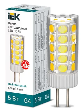 Лампа светодиодная Corn 5Вт капсульная 4000К нейтр. бел. G4 12В керамика IEK LLE-Corn-5-012-40-G4