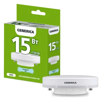 Лампа светодиодная T80 15Вт таблетка 6500К GX53 230В GENERICA LL-T80-15-230-65-GX53-G