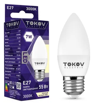 Лампа светодиодная 7Вт С37 3000К Е27 176-264В TOKOV ELECTRIC TKE-C37-E27-7-3K