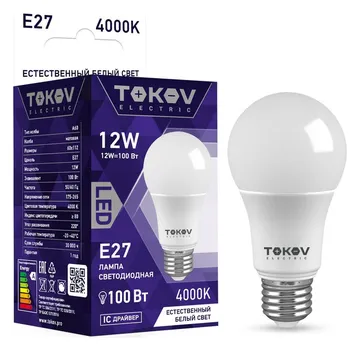 Лампа светодиодная 12Вт А60 4000К Е27 176-264В TOKOV ELECTRIC TKE-A60-E27-12-4K