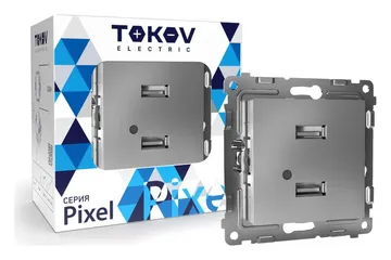 Розетка 2-м USB СП Pixel тип A+A 5В 1х2.1А 2х1.05А механизм алюм. TOKOV ELECTRIC TKE-PX-2USB-C03
