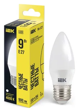 Лампа светодиодная 9Вт C35 свеча 4000К нейтр. бел. E27 230В IEK LLE-C35-9-230-40-E27
