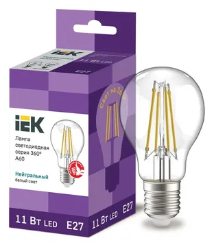Лампа светодиодная филаментная 360° 11Вт A60 грушевидная прозрачная 4000К нейтр. бел. E27 230В IEK LLF-A60-11-230-40-E27-CL
