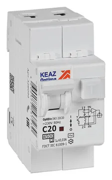 Выключатель автоматический дифференциального тока 2п OptiDin D63-22C20-AC-У3 C20 30мА 4.5кА с защитой от сверхтоков КЭАЗ 328099
