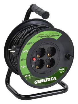 Удлинитель на катушке 4х30м 10А IP20 УК30 2P+PE 3х1 термозащита GENERICA WKP10-10-04-30-G