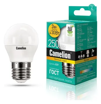 Лампа светодиодная LED3-G45/830/E27 3Вт шар 3000К тепл. бел. E27 245лм 220-240В Camelion 11374