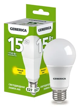 Лампа светодиодная A60 15Вт грушевидная 3000К E27 230В GENERICA LL-A60-15-230-30-E27-G
