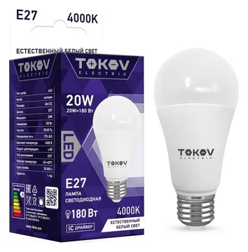 Лампа светодиодная 20Вт А60 4000К Е27 176-264В TOKOV ELECTRIC TKE-A60-E27-20-4K