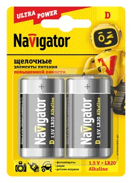 Элемент питания алкалиновый D/LR20 94 755 NBT-NE-LR20-BP2 (блист.2шт) NAVIGATOR 94755