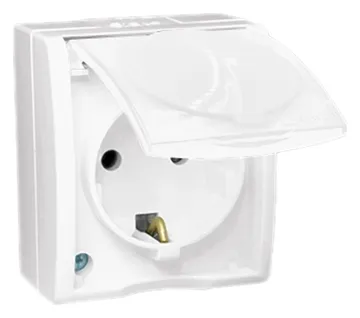 Розетка 1-м ОП Simon15 16А IP54 250В с заземл. Schuko защ. шторки с крышкой винт. клеммы бел. Simon 1594432-030