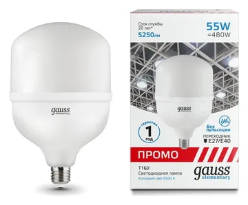 Лампа светодиодная Elementary 55Вт T160 цилиндр 6500К холод. бел. E27 5250лм Promo GAUSS 60436