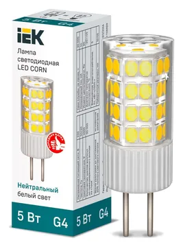 Лампа светодиодная Corn 5Вт капсульная 4000К нейтр. бел. G4 230В керамика IEK LLE-Corn-5-230-40-G4