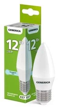 Лампа светодиодная C35 12Вт свеча 6500К E27 230В GENERICA LL-C35-12-230-65-E27-G