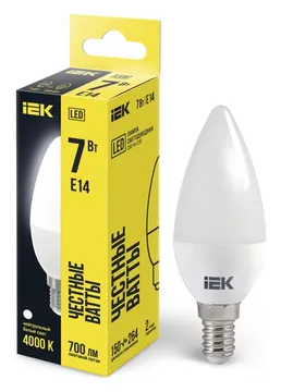 Лампа светодиодная 7Вт C35 свеча 4000К нейтр. бел. E14 230В IEK LLE-C35-7-230-40-E14