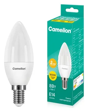 Лампа светодиодная LED8-C35/830/E14 8Вт свеча 3000К тепл. бел. E14 720лм 220В Camelion 12385